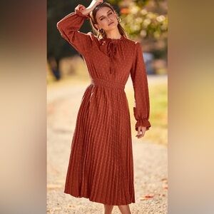 Orange Pleated Ribbed Sundress with Bishop Sleeves